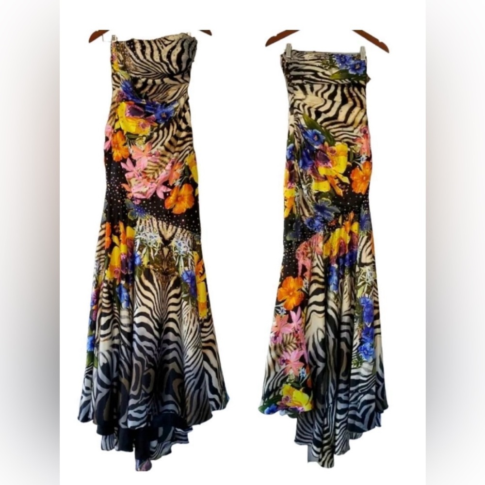 Night Moves Strapless Beaded Satin Prom Dress - 6 - Animal Floral Print - Used - Picture 2 of 6
